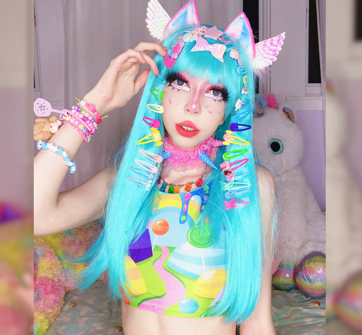 Model dressed in colorful Decora Kei and Kidcore fashion with vibrant colours