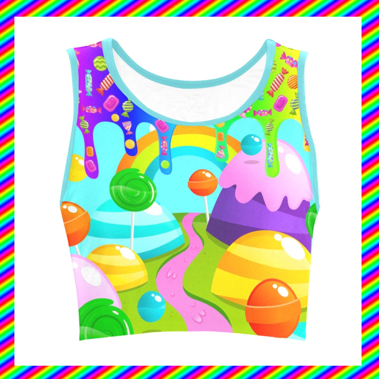 Harajuku Rainbowcore Decora kei Yume Kawaii candycore croptop displayed on a white background