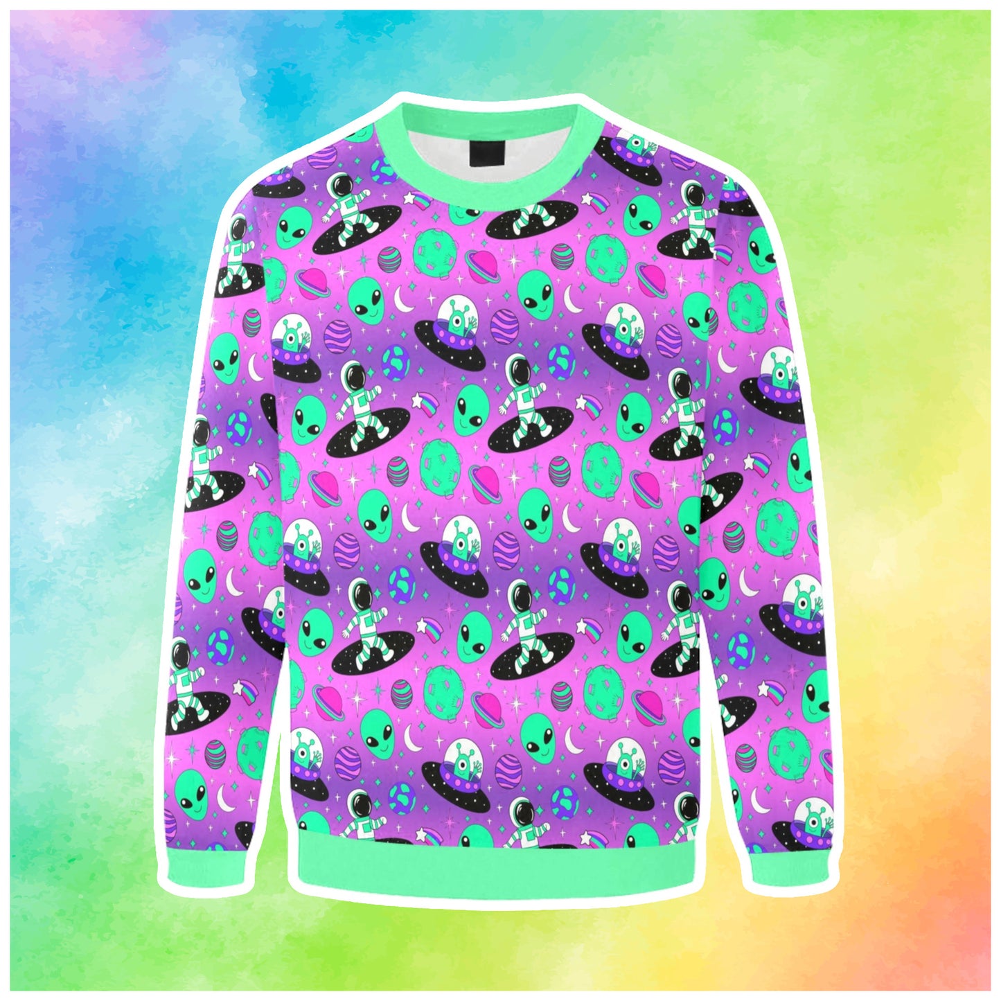 Harajuku alien Kidcore Decora Kei purple sweatshirt displayed on a coloured background