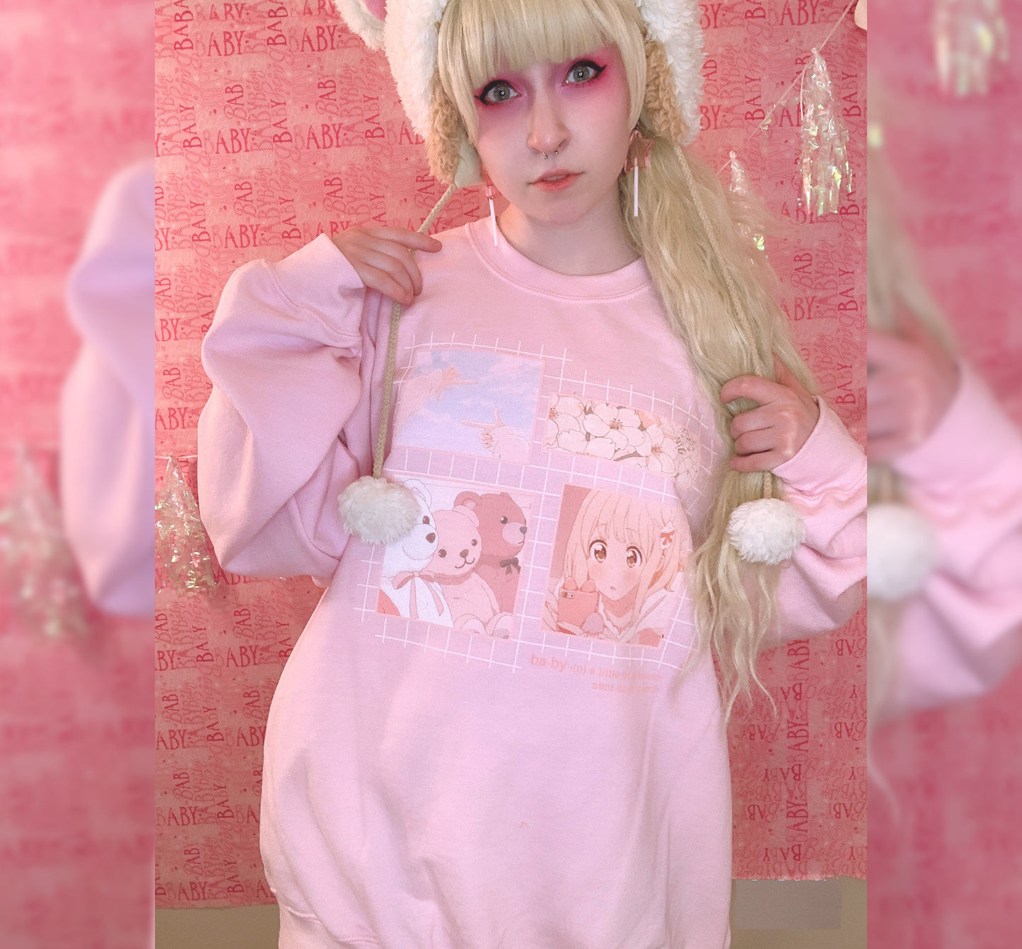 Youthful model wearing a Kawaii Aesthetic Anime pink babygirl sweatshirt