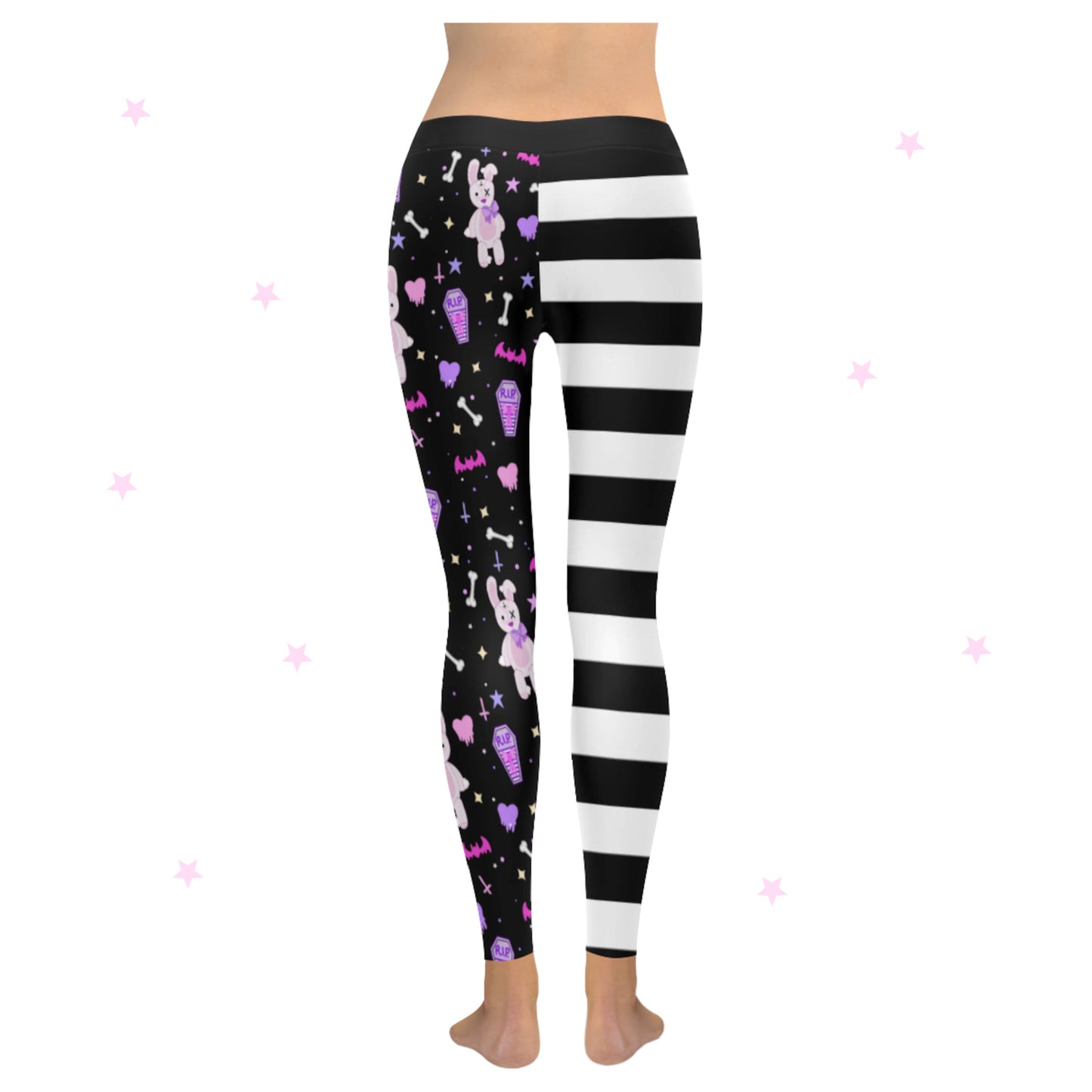Model wearing Kawaii Goth Stripped Cute and Creepy Leggings displayed on starred background.