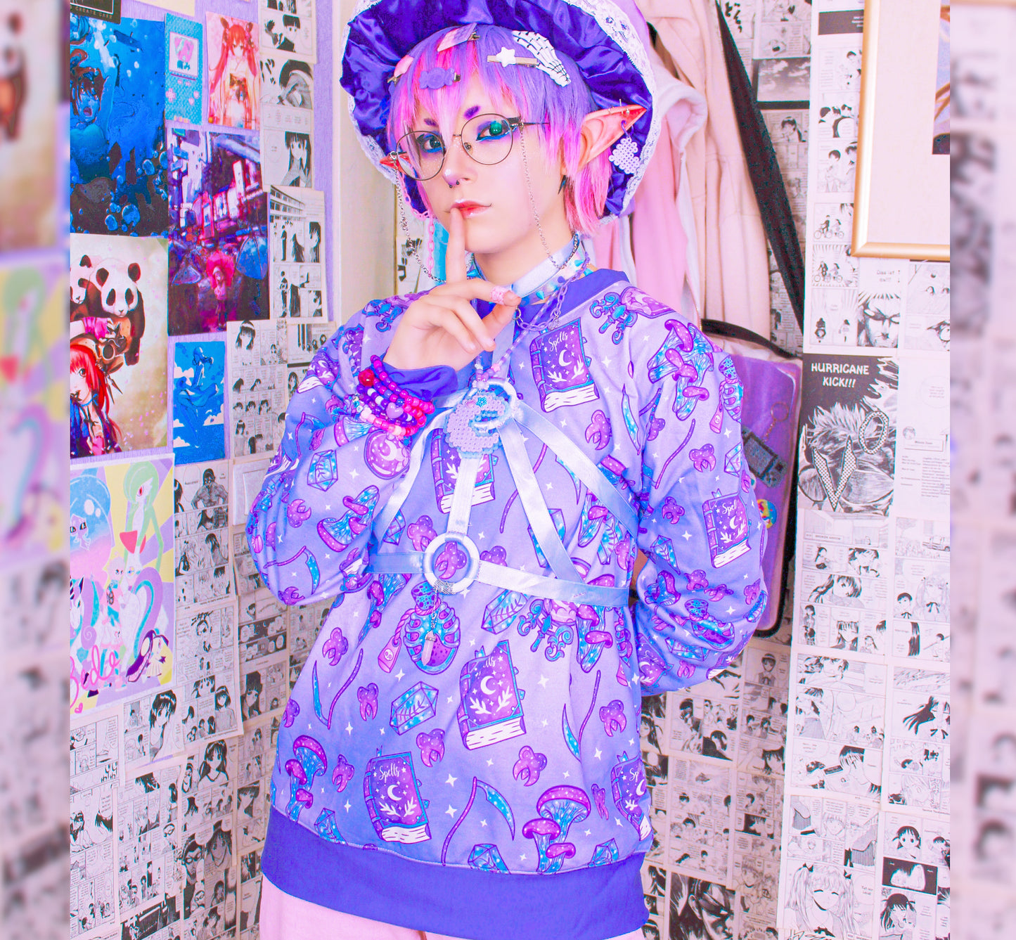 Youth model wearing a Kawaii Goth Witch Purple Sweatshirt