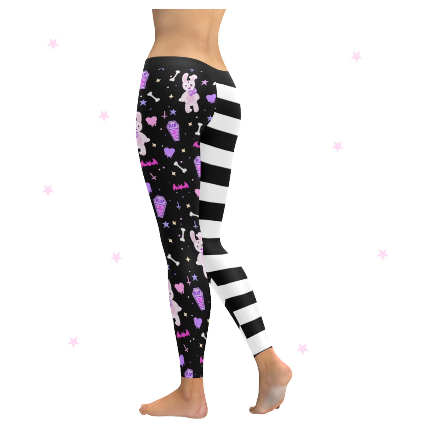 Model wearing Kawaii Goth Stripped Cute and Creepy Leggings displayed on starred background.