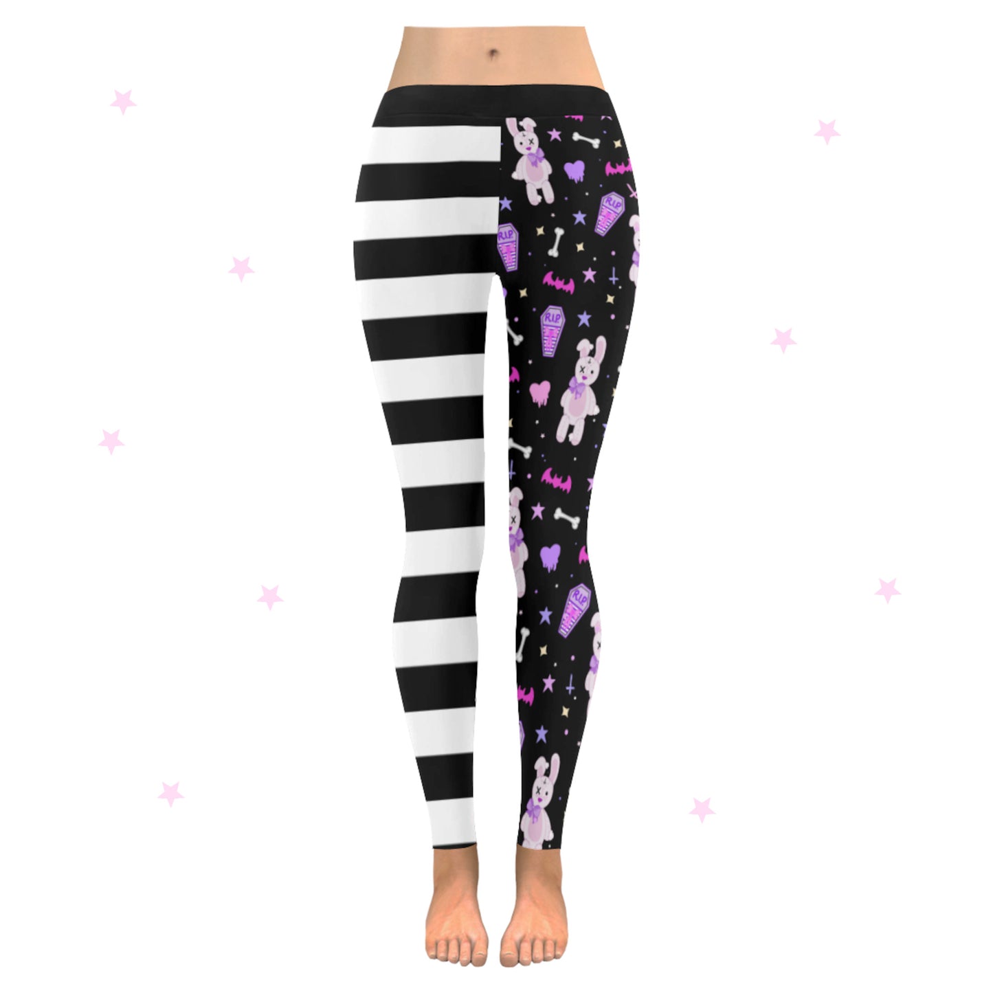 Model wearing Kawaii Goth Stripped Cute and Creepy Leggings displayed on starred background.