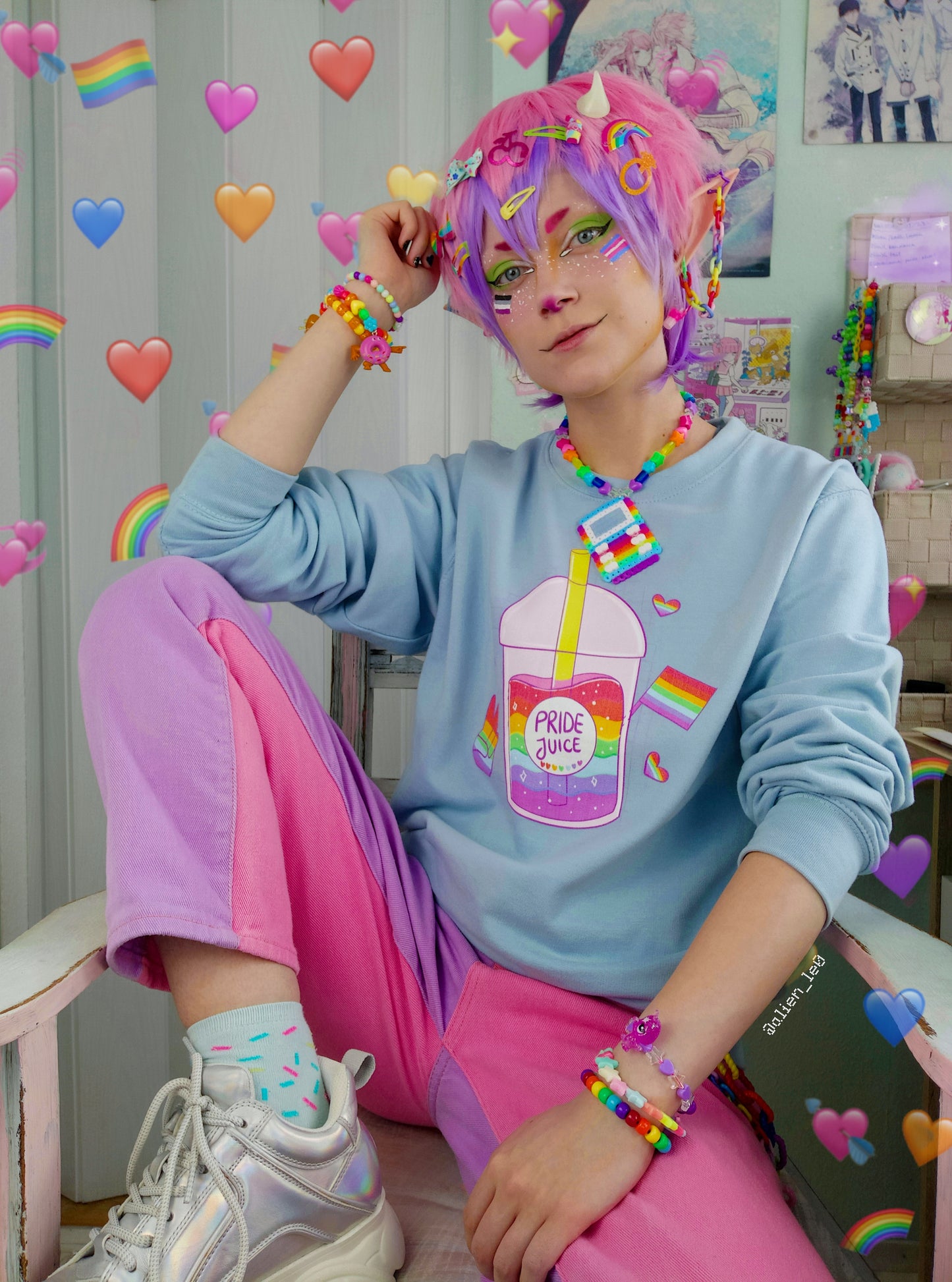 Young boy wearing a pastel LGBT kawaii pride t-shirt with a cute print