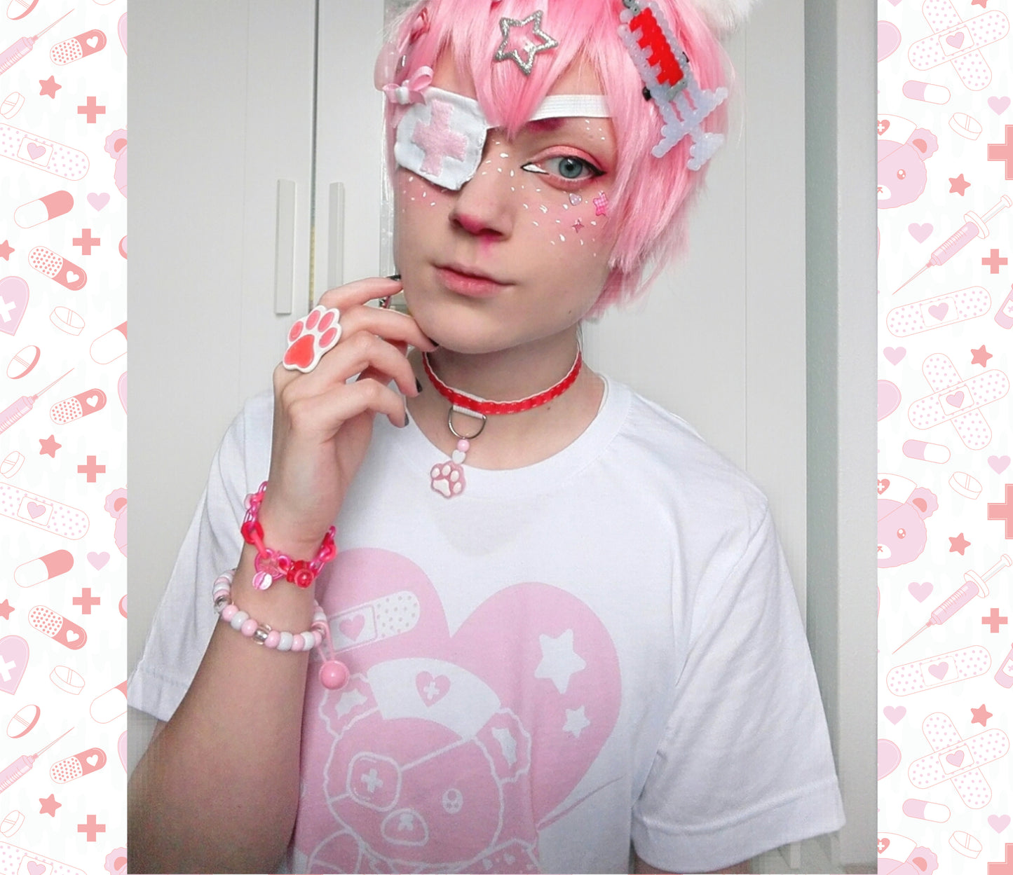 Young boy in a Kawaii Menhera Harajuku medical bear T-shirt
