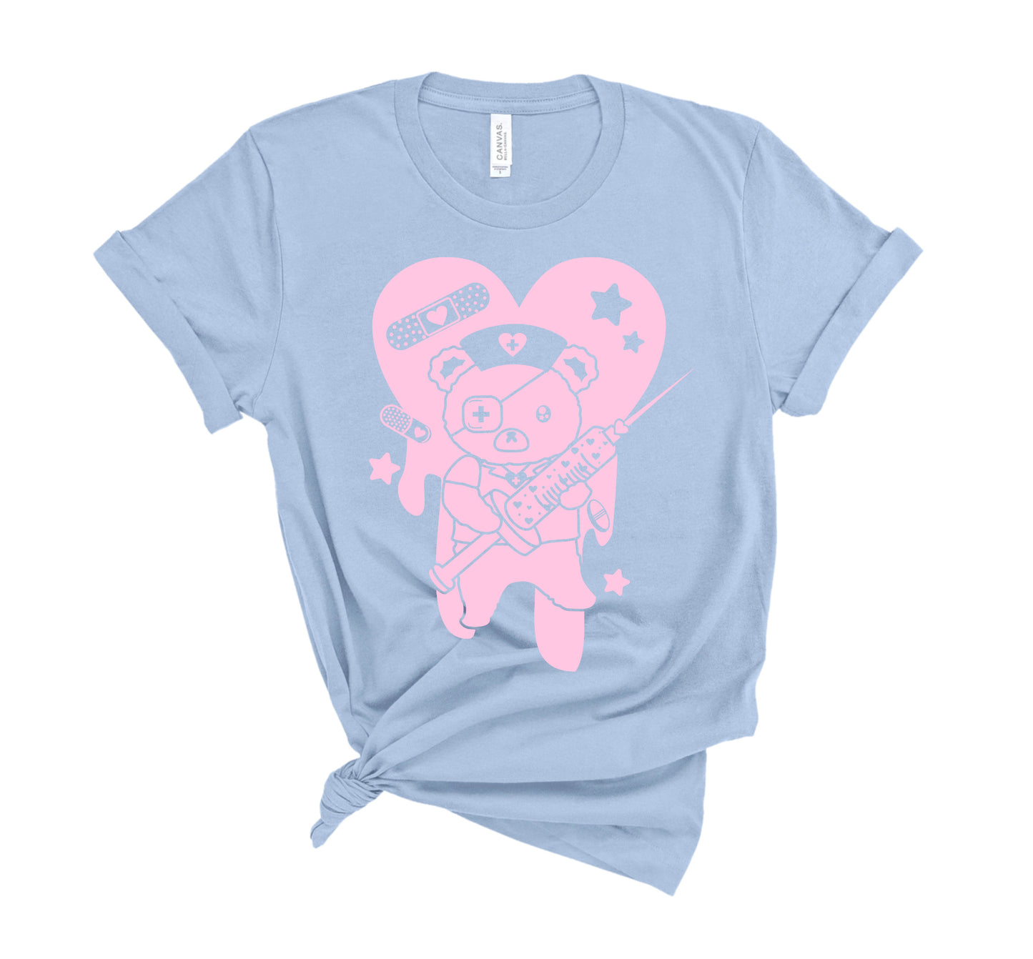 blue menhera Harajuku t-shirt with medical bear displayed on clean white background.