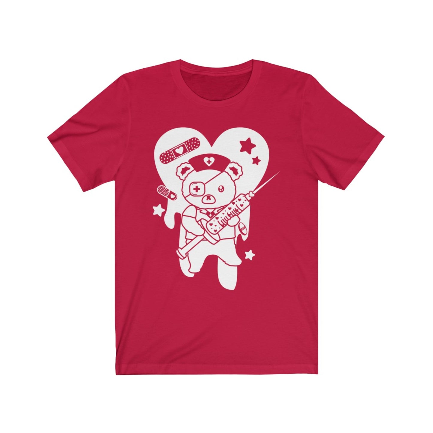 red menhera Harajuku t-shirt with medical bear displayed on clean white background.