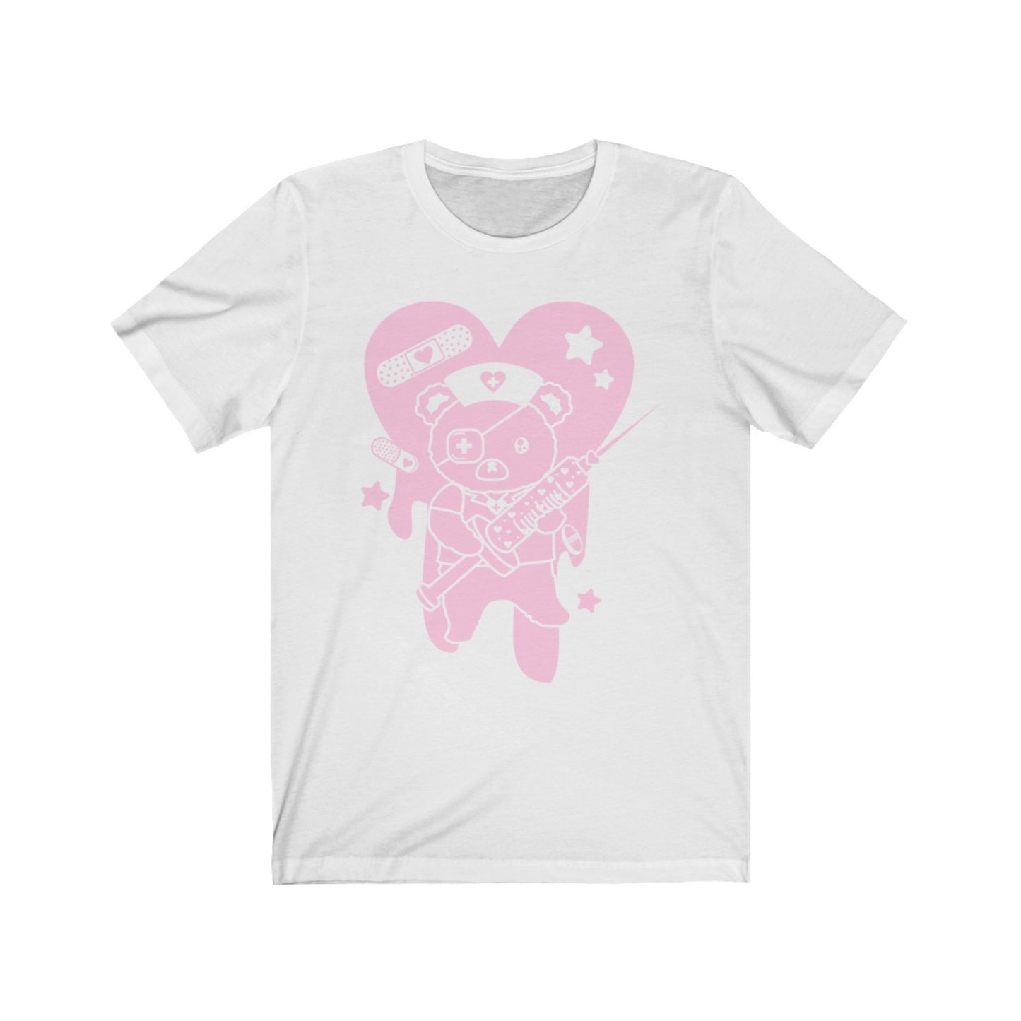 white menhera Harajuku t-shirt with medical bear displayed on clean white background.