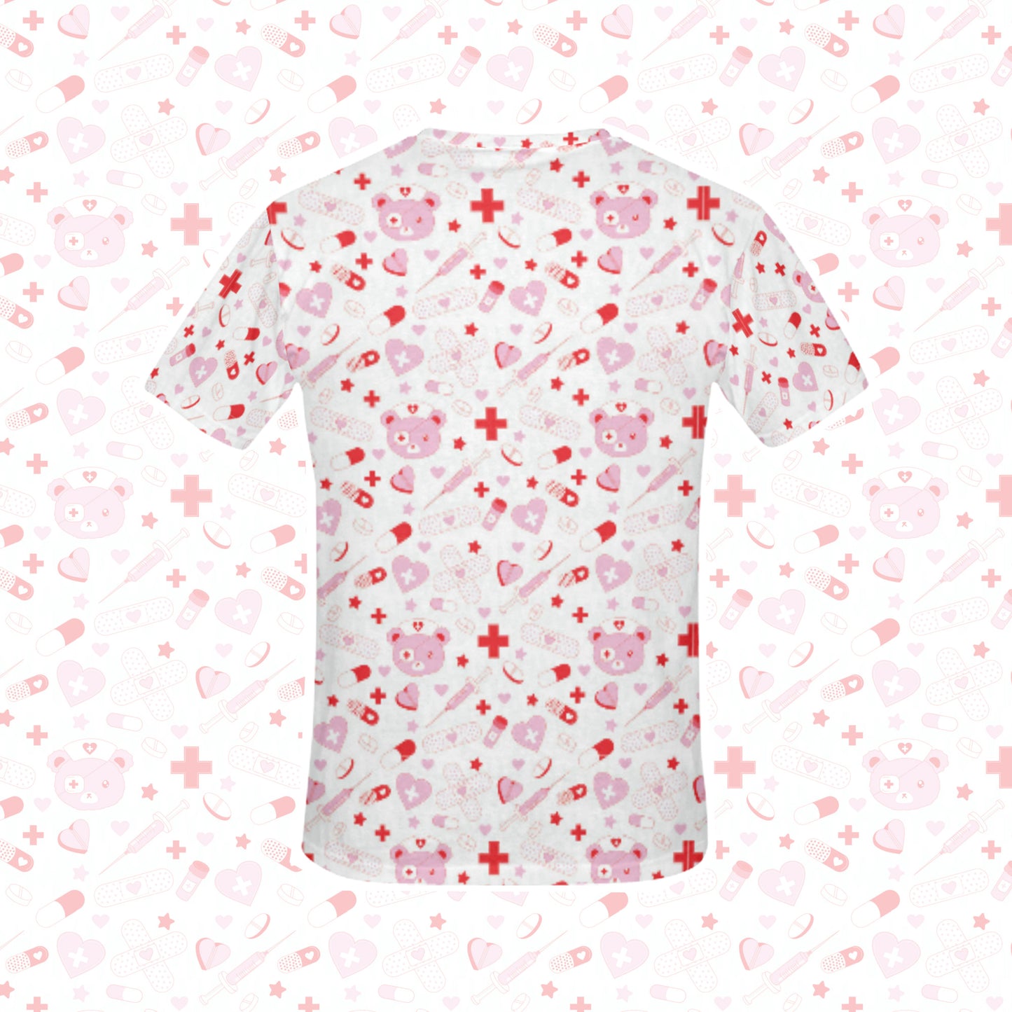 menhera kei t-shirt with medical bear displayed on patterned background.