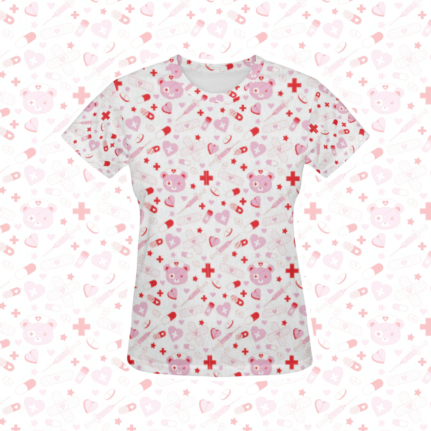 menhera kei t-shirt with medical bear displayed on patterned background.