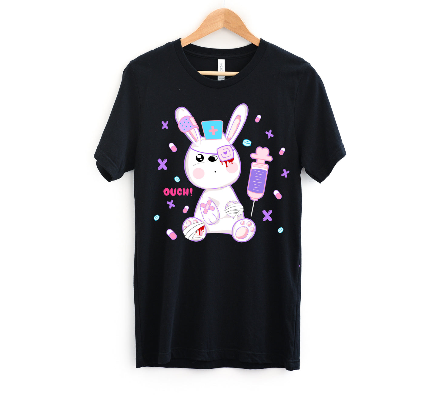 black menhera kei t-shirt with medical bunny displayed on clean white background.