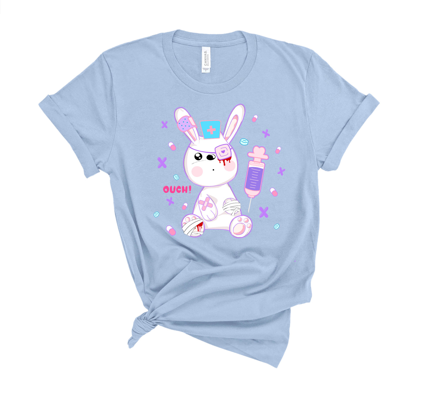blue menhera kei t-shirt with medical bunny displayed on clean white background.