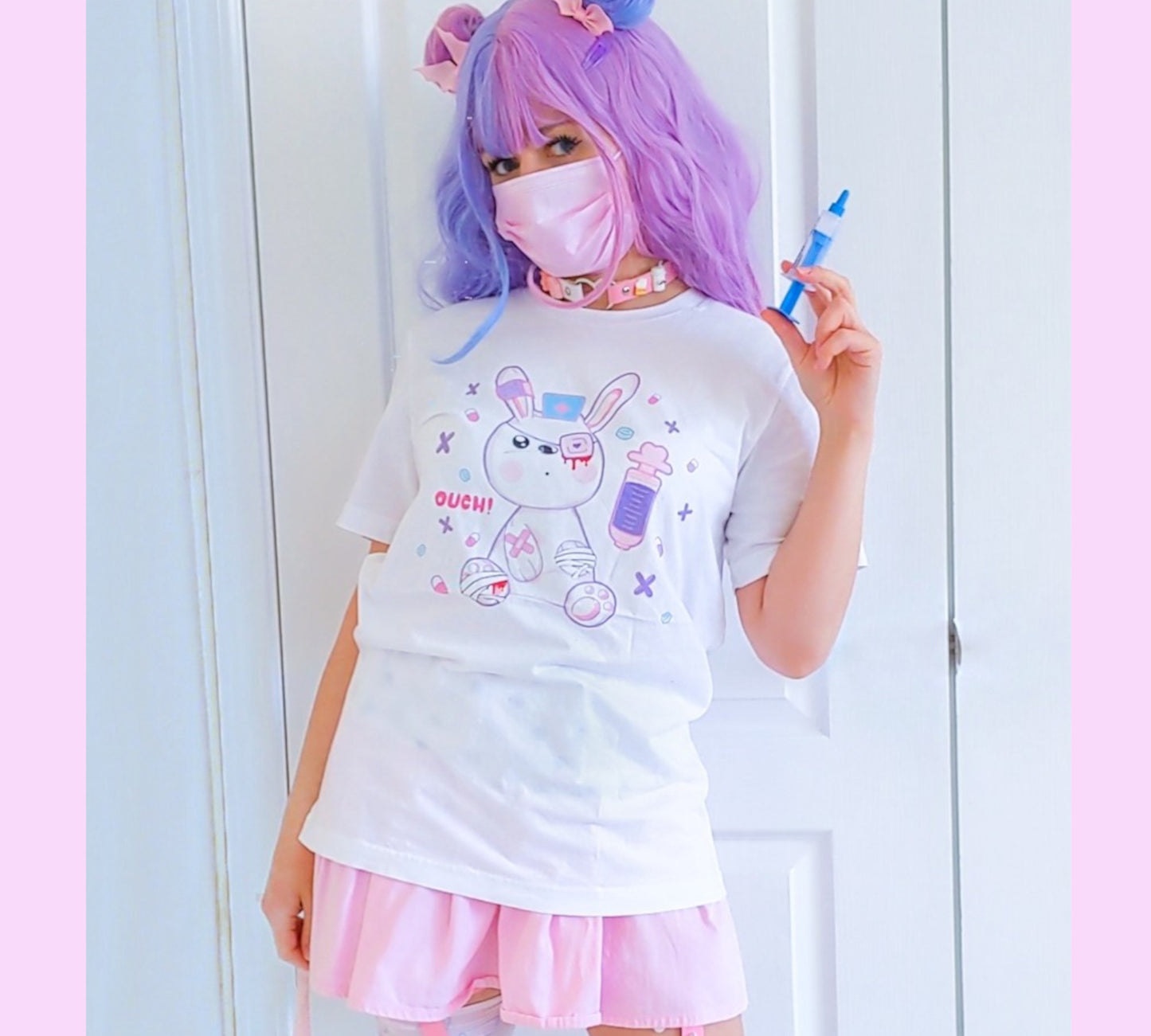 Young girl in a Kawaii Menhera Kei medical bunny T-shirt