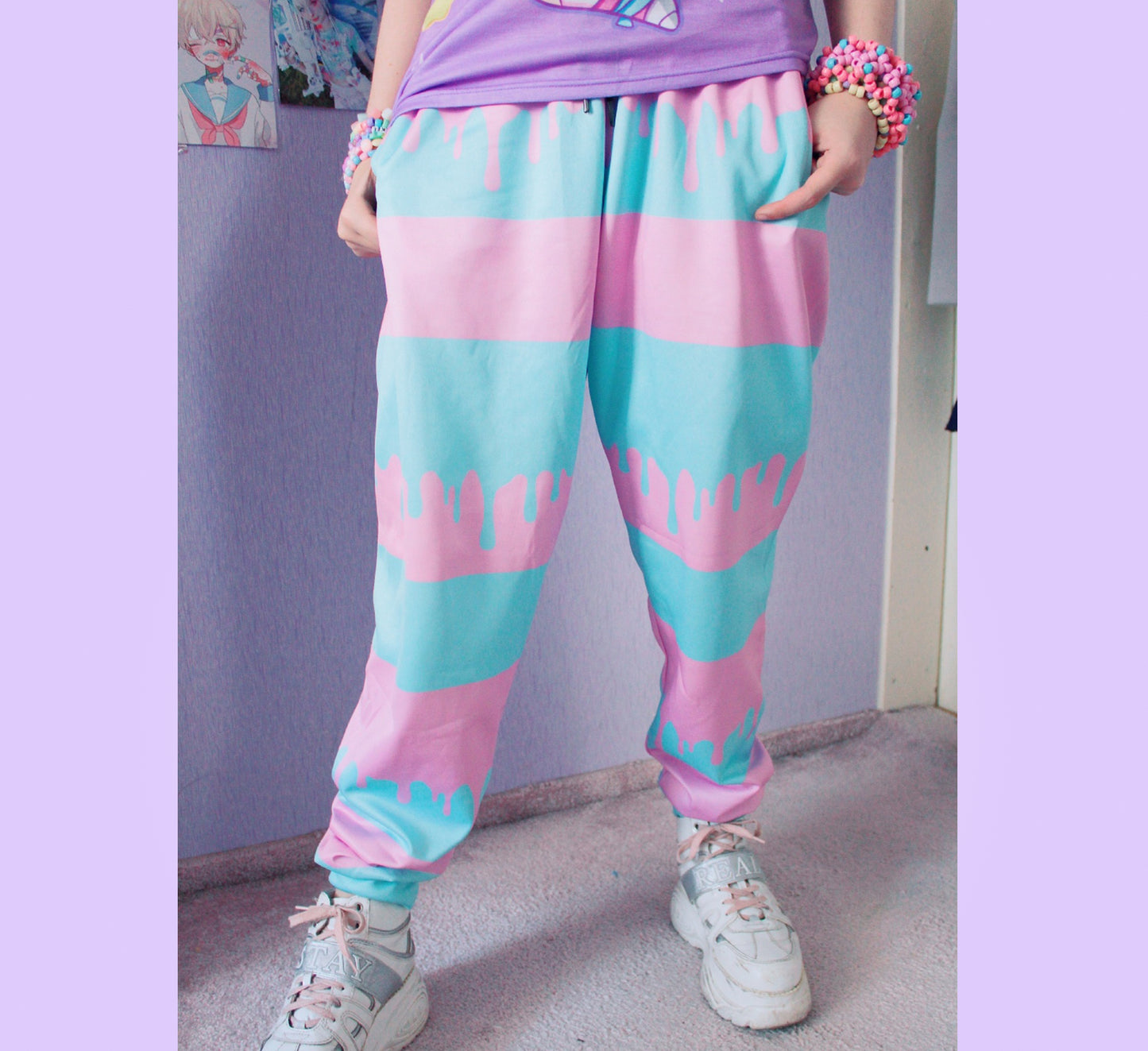 model wearing Kawaii Pastel Unisex Cute and Creepy Jogger pants