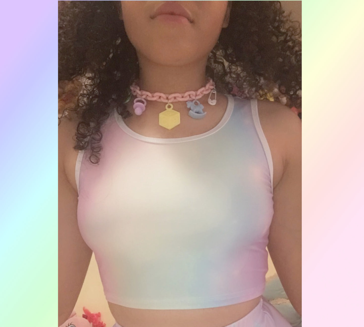 Teen girl in a Kawaii Pocky Pink Rainbow Crop Top with soft colors