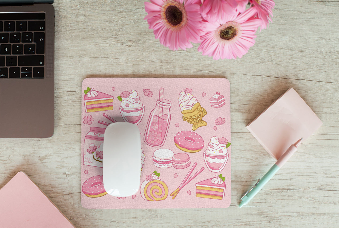 Pastel kawaii desk mat with charming motifs and cozy aesthetic