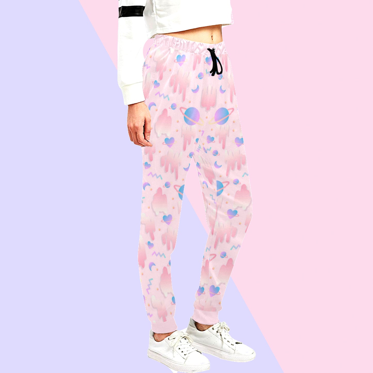 Pink pastel jogger displayed on pastel background.