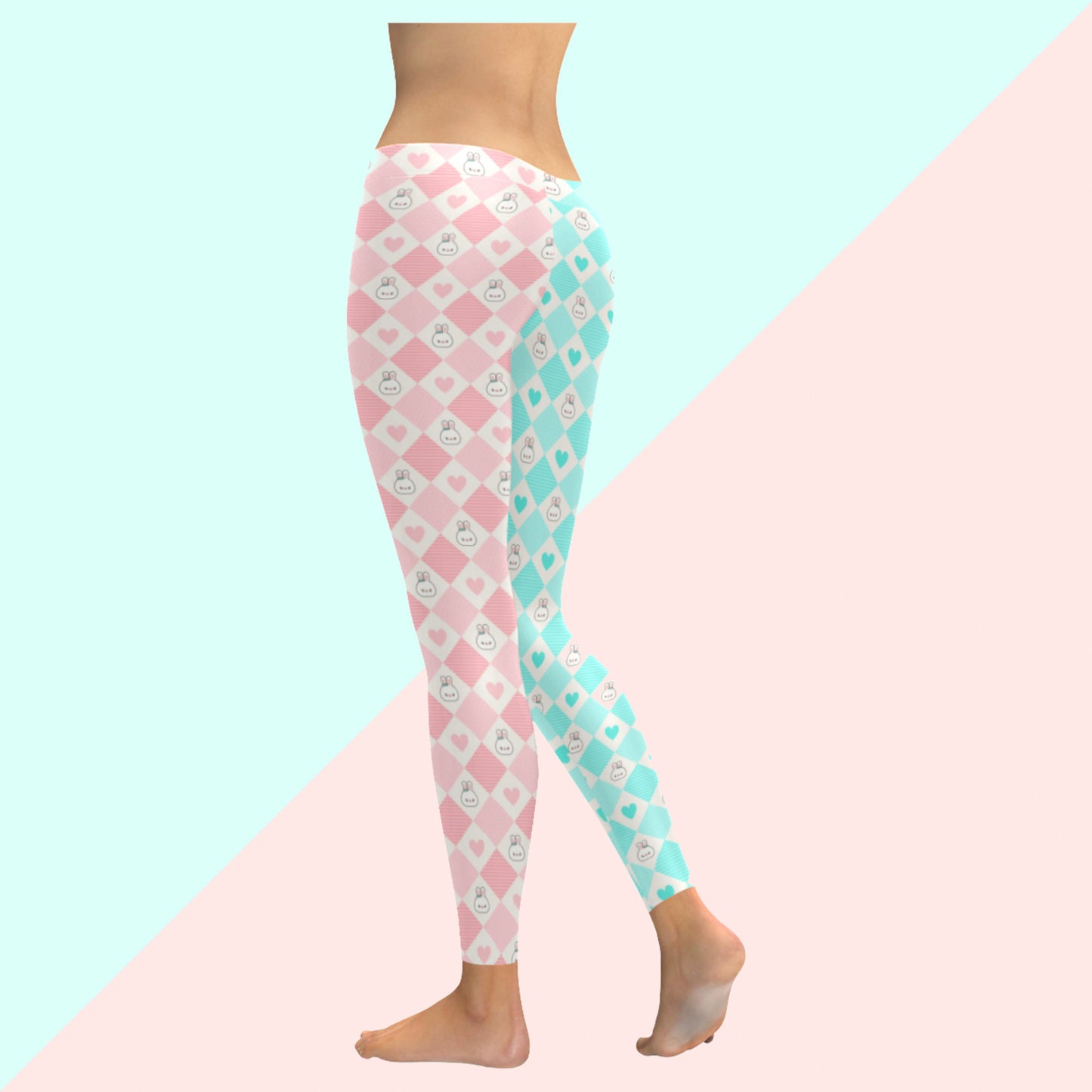 Youthful model wearing cute bunny kawaii leggings in pastel colours on pink and blue background