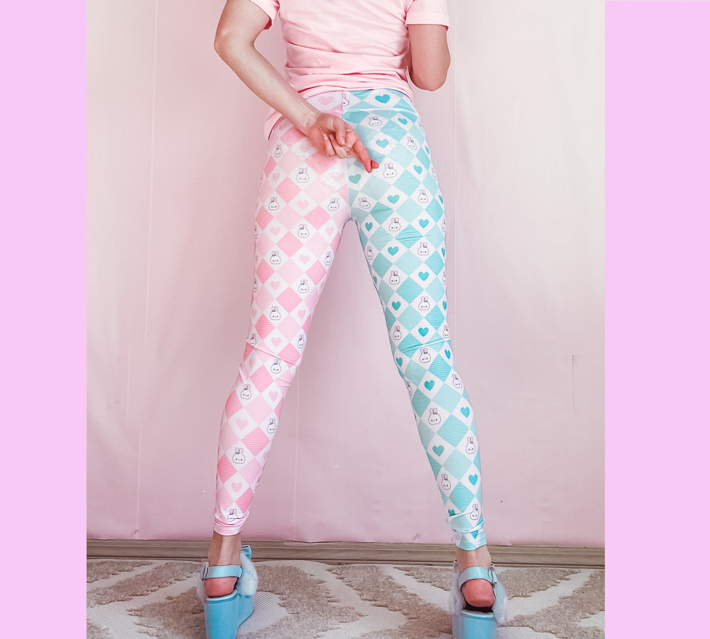 Youthful model wearing cute bunny kawaii leggings in pastel colours