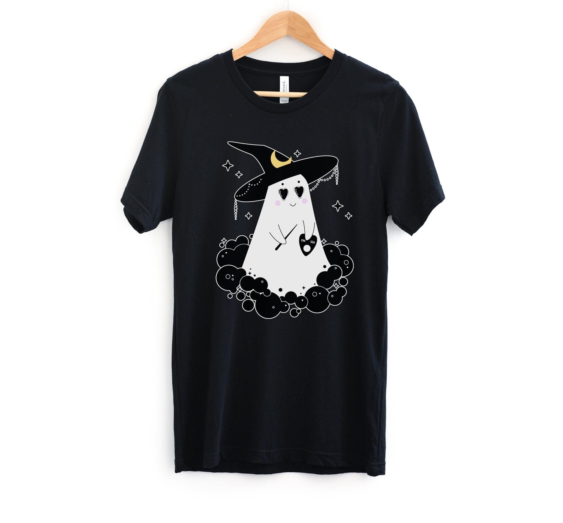 Cute Halloween ghost black shirt displayed on clean white background.