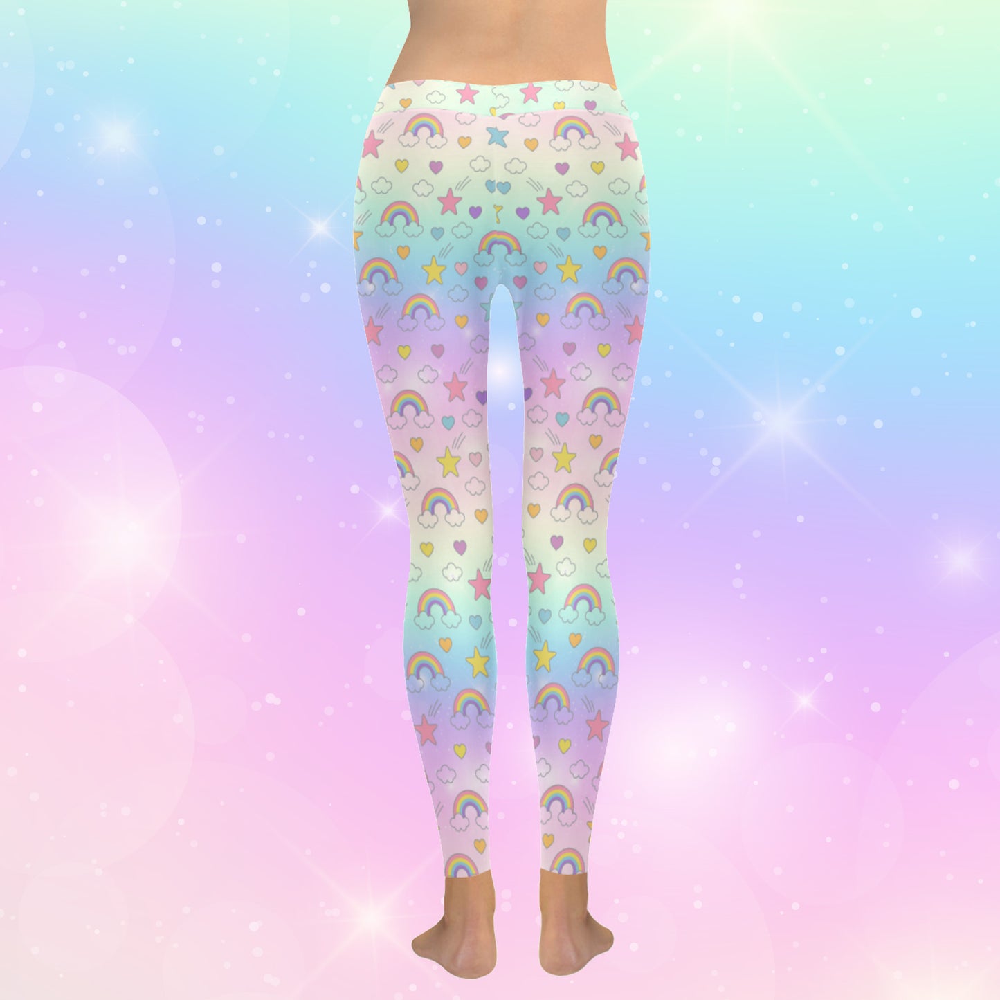 model wearing cute rainbow stars kawaii leggings on pink and blue background