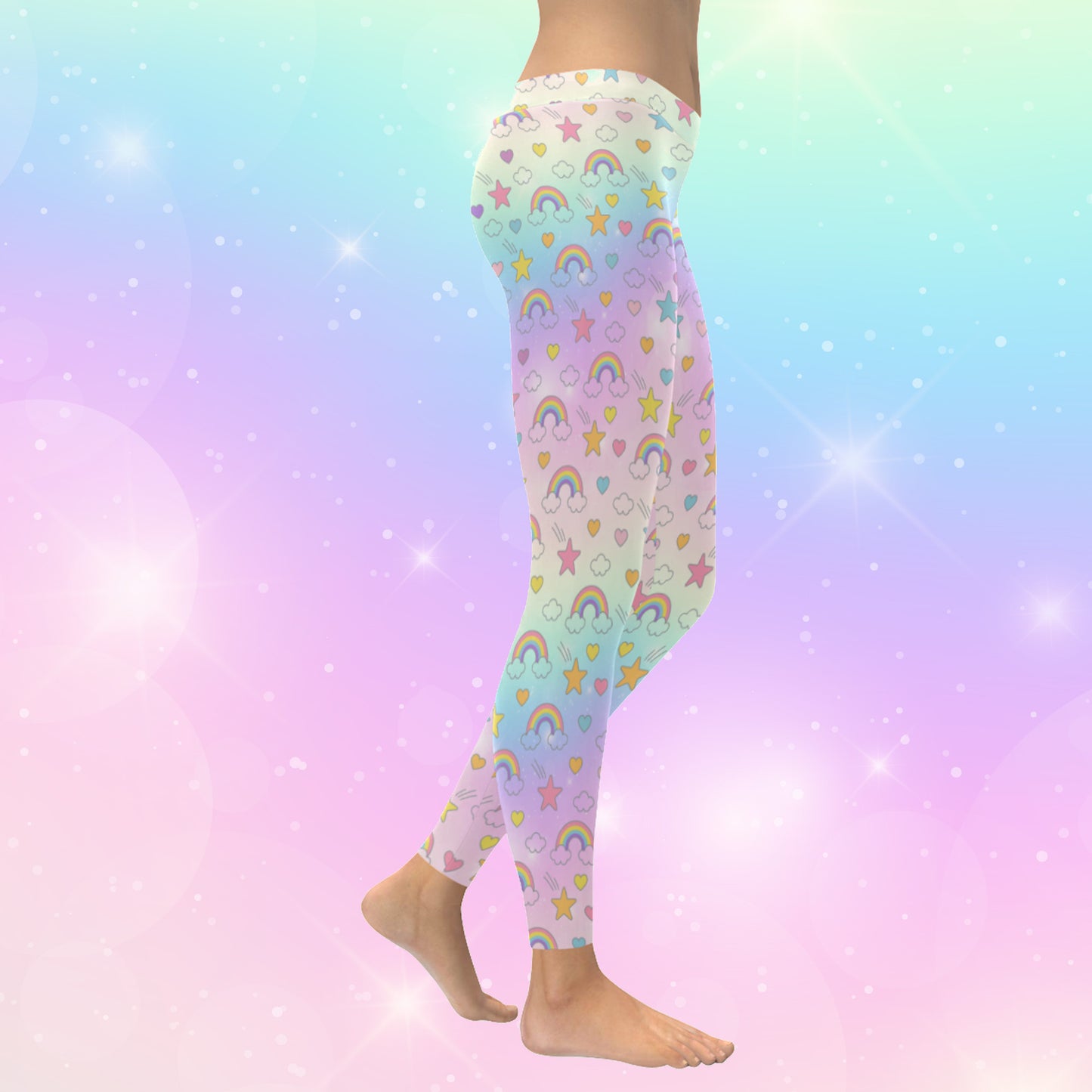 model wearing cute rainbow stars kawaii leggings on pink and blue background
