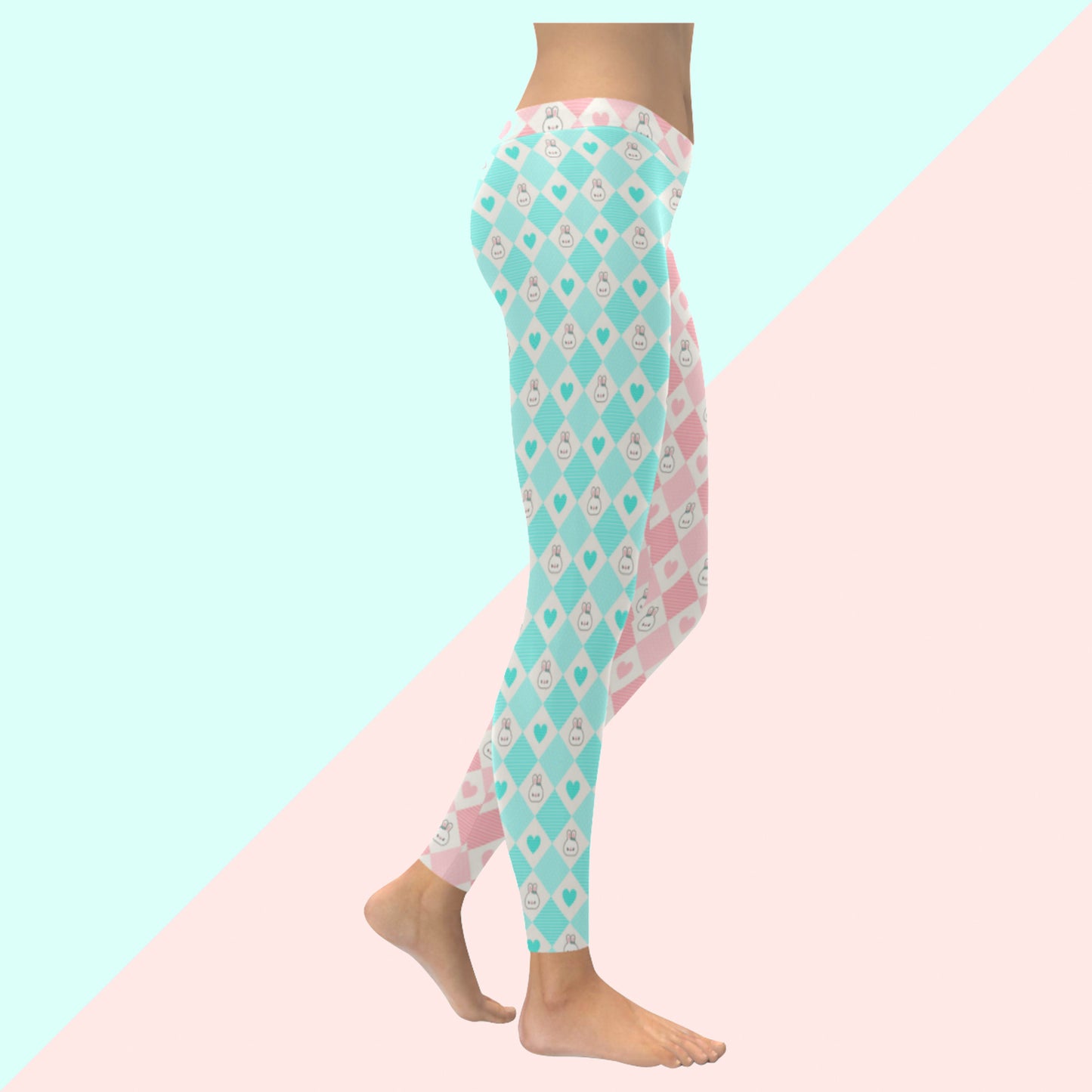 Youthful model wearing cute bunny kawaii leggings in pastel colours on pink and blue background