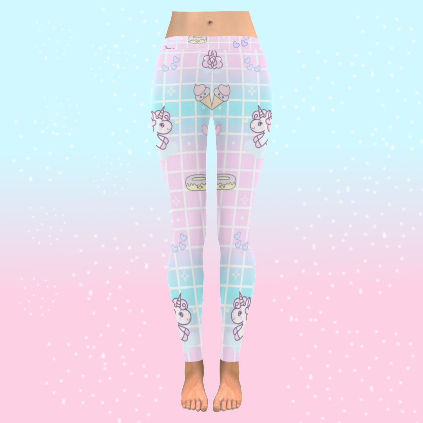 model wearing cute unicorn kawaii leggings on pink and blue background