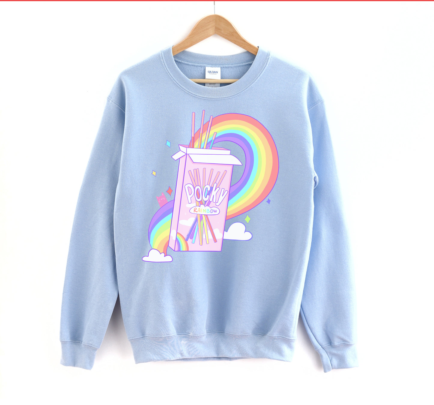 Blue LGBT kawaii t-shirt with pocky rainbow print on white background.