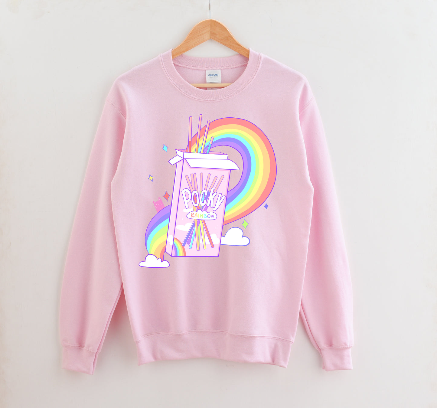 LGBT kawaii t-shirt with pocky rainbow print on white background.