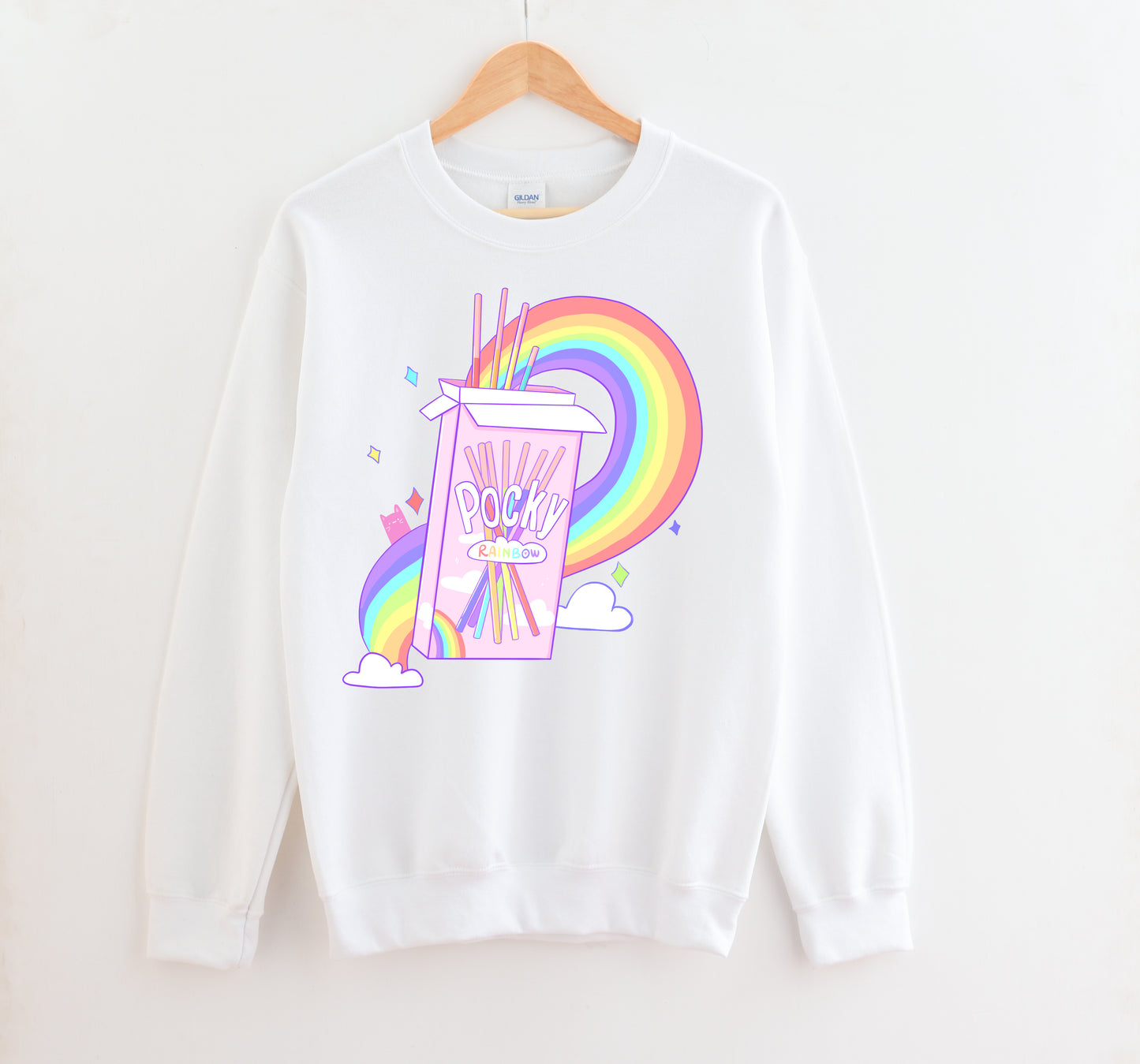 White LGBT kawaii t-shirt with pocky rainbow print on white background.