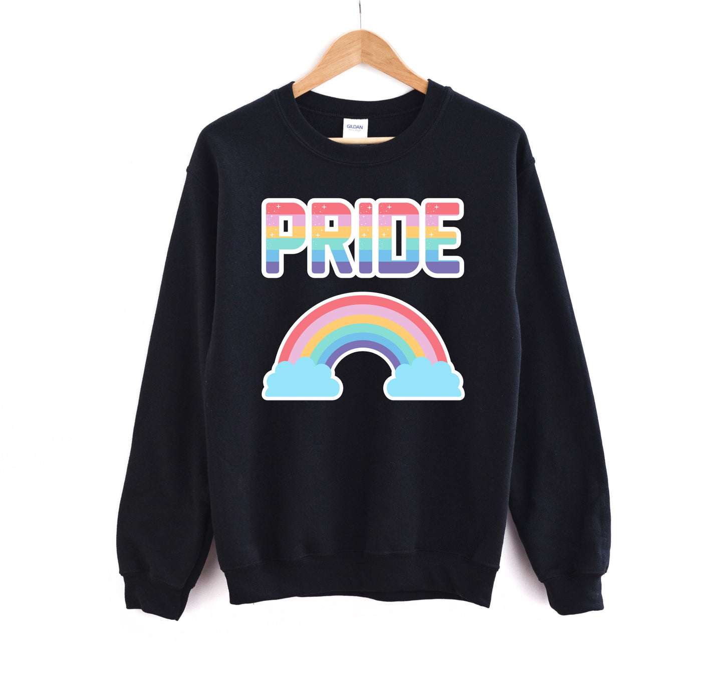 Black LGBT kawaii t-shirt with rainbow print on white background.