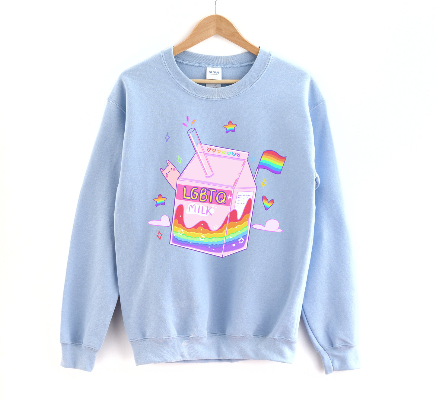 blue kawaii t-shirt with lgbtq milk on white background.