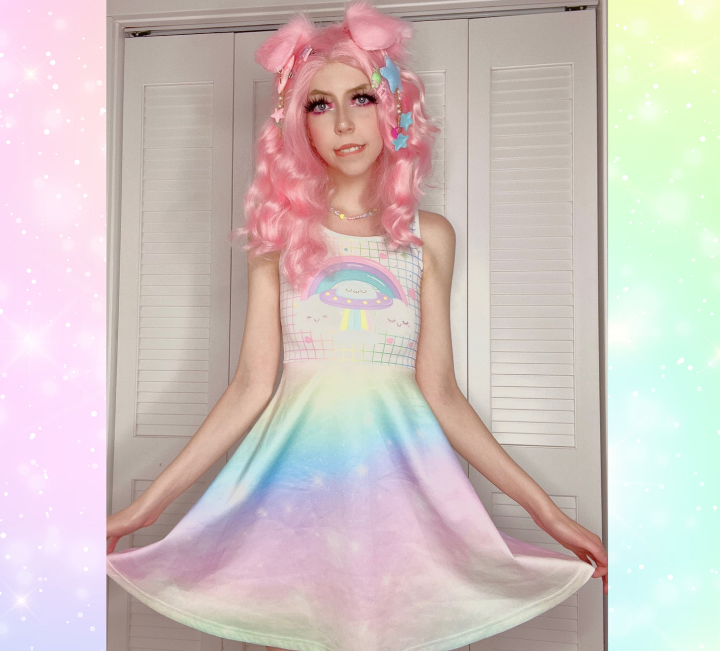 young model wearing a cute alien rainbow kawaii dress