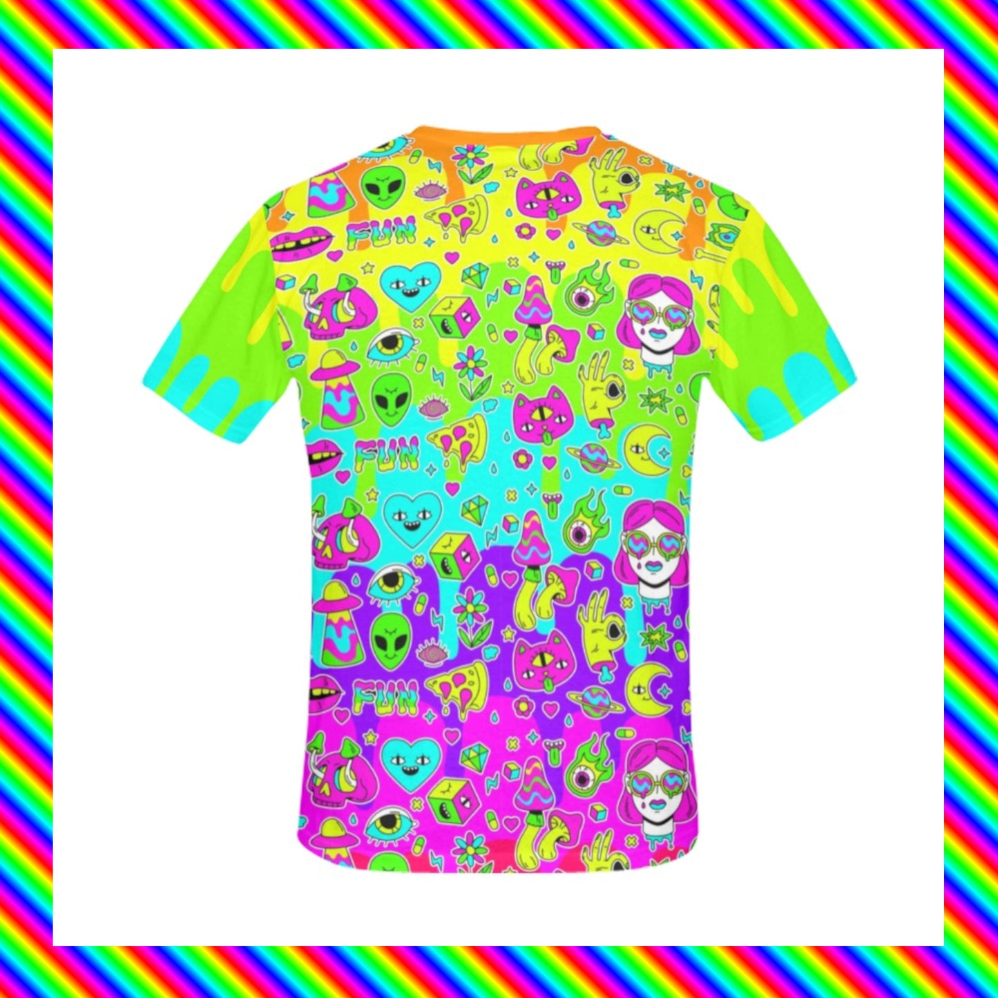 Harajuku t-shirt with trippy print on white background.