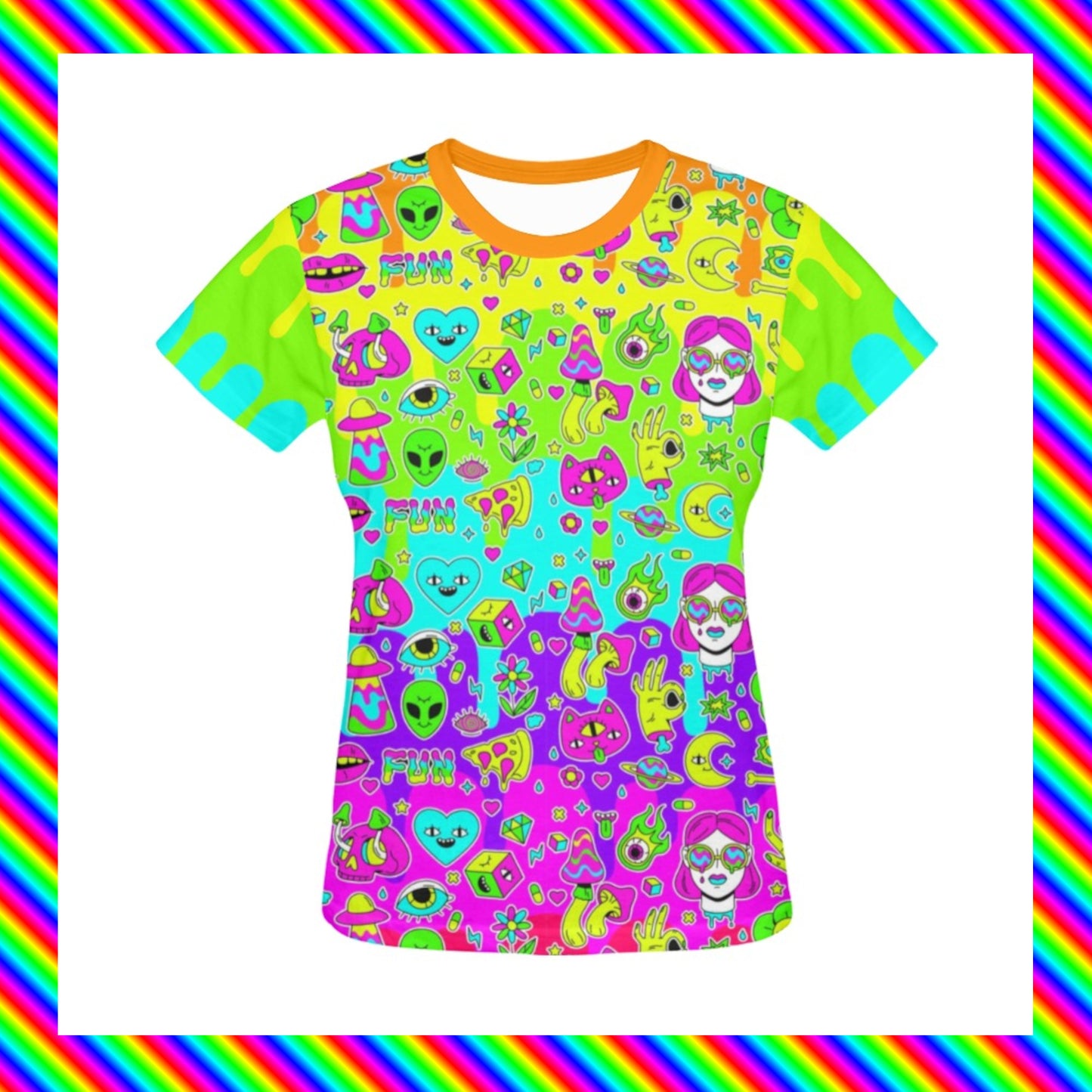 Harajuku t-shirt with trippy print on white background.
