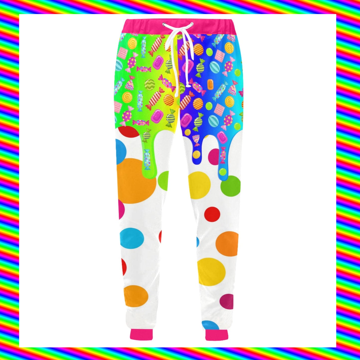 Kidcore Rainbowcore Harajuku jogger pants with candy print on white background.