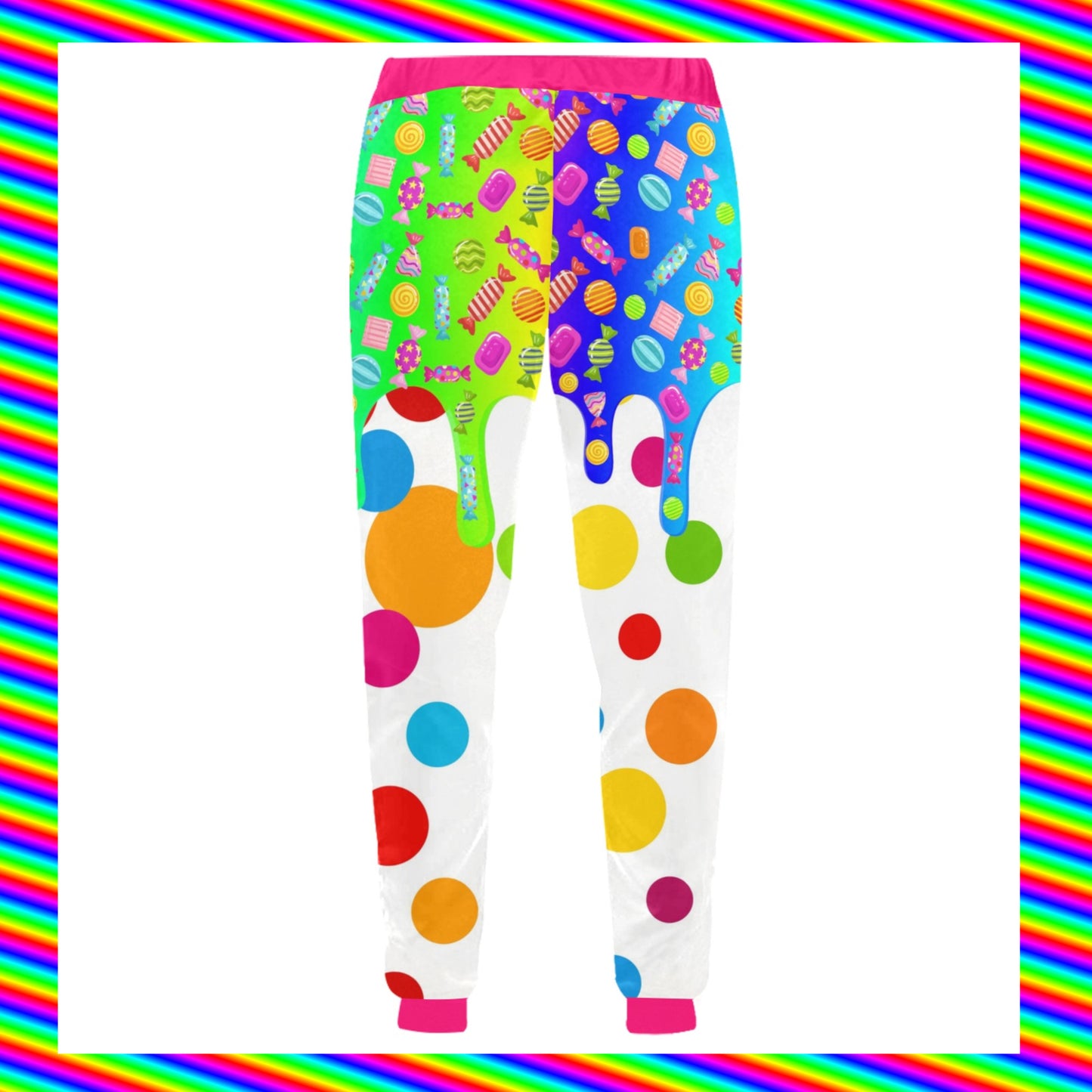 Kidcore Rainbowcore Harajuku jogger pants with candy print on white background.