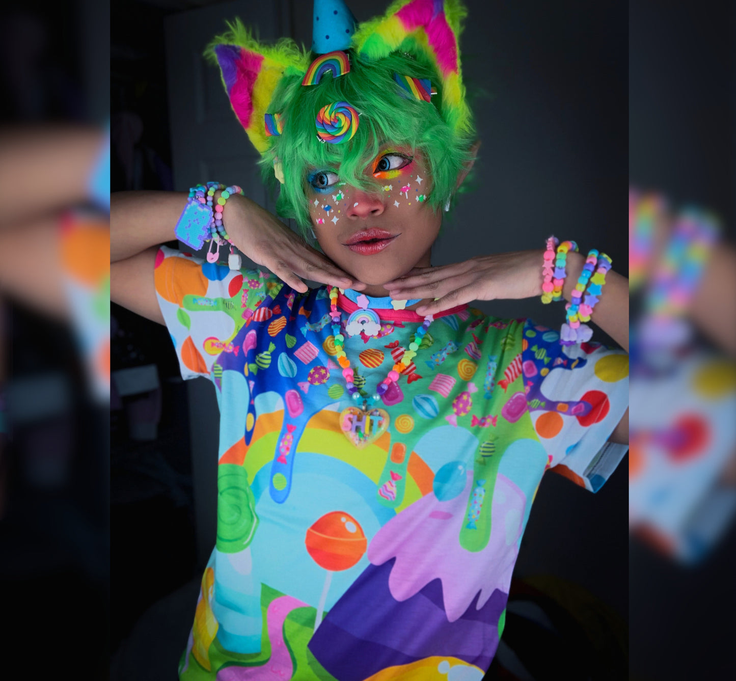Young boy wearing a Harajuku Kidcore t-shirt with a candy print
