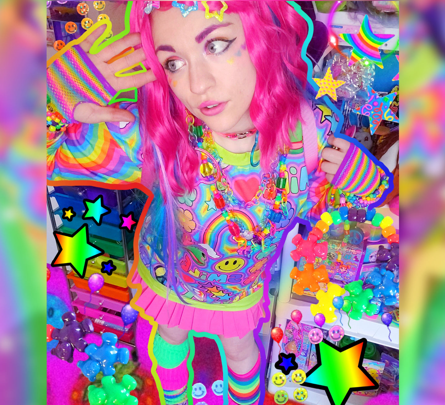 Model wearing a Harajuku Kidcore sweatshirt with trippy print