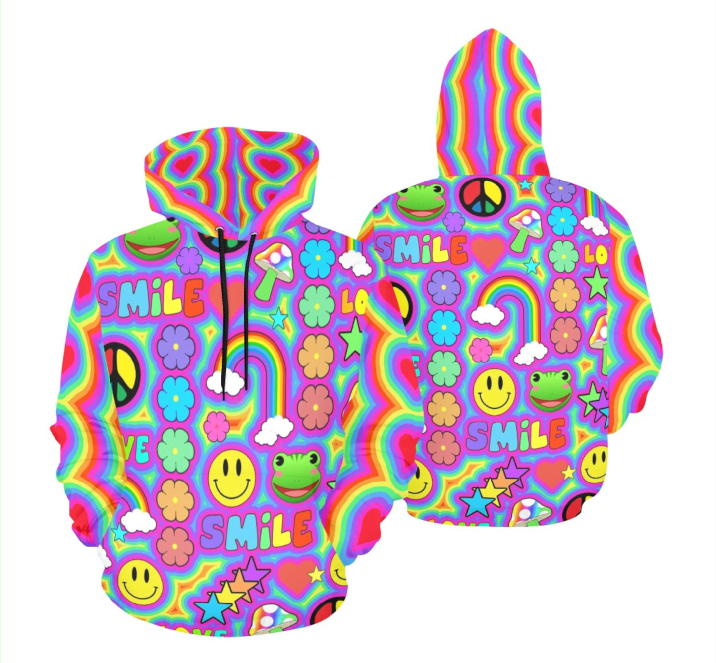 front and back of Harajuku sweatshirt hoodie with trippy print on white background