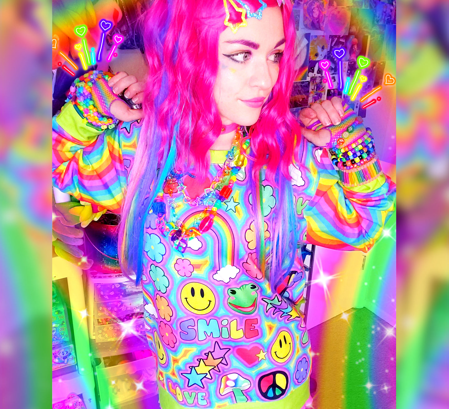 Model wearing a Harajuku Kidcore sweatshirt with trippy print