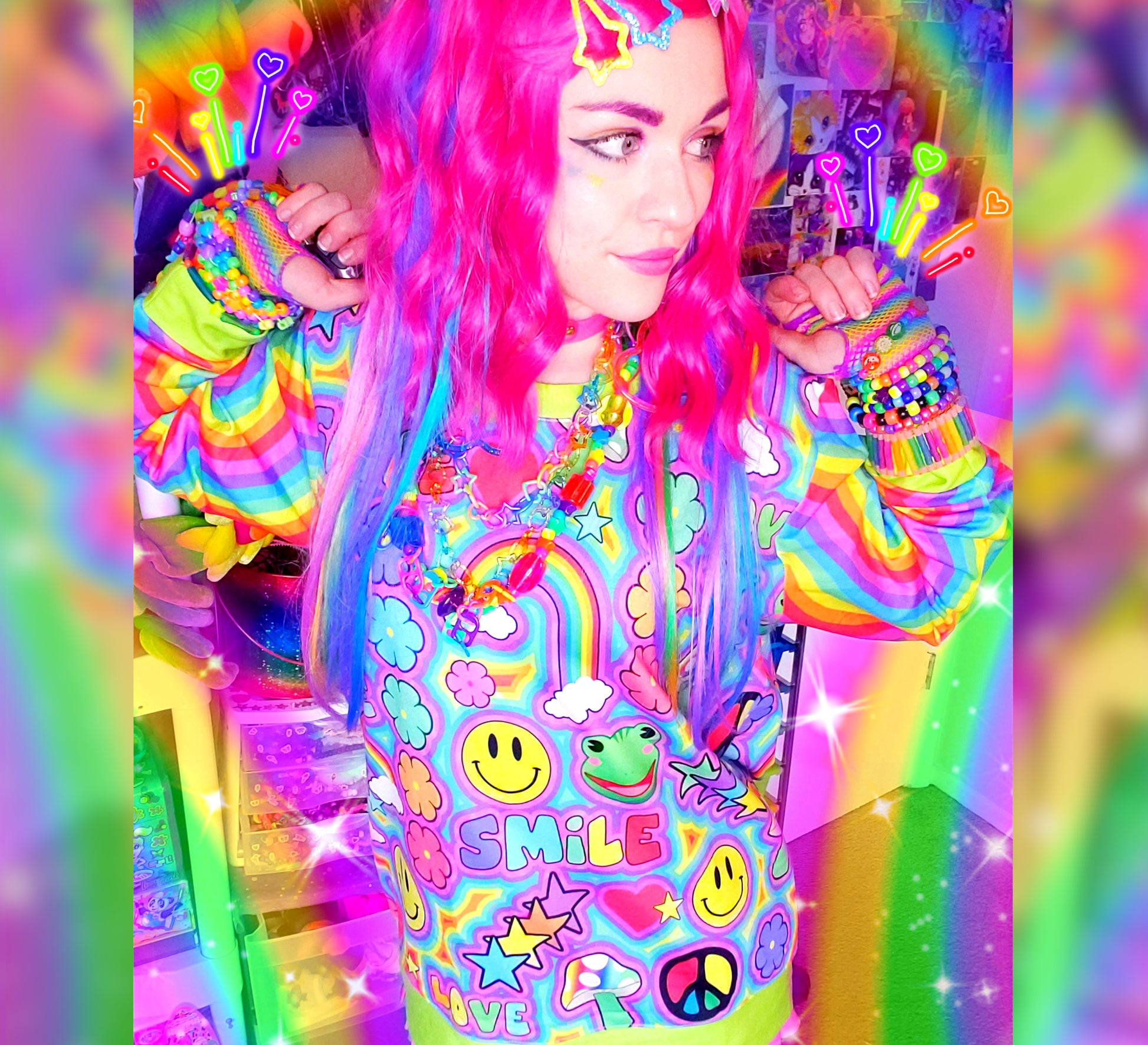 Model wearing a Harajuku Kidcore sweatshirt with trippy print