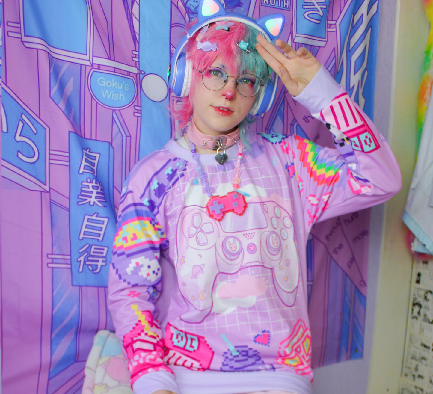 Model wearing a Harajuku Kidcore sweatshirt with videogame controller print
