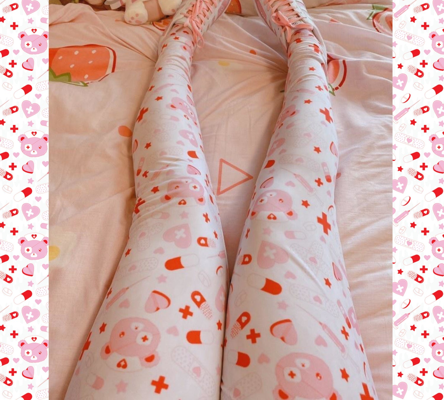 Young girl wearing Menhera Kawaii Leggings with Cute Bear Design displayed on a pastel background