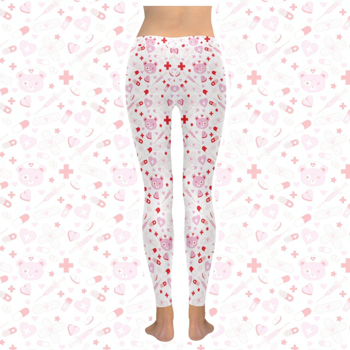 Menhera Kawaii Leggings with Cute Bear Design displayed on a pink print background