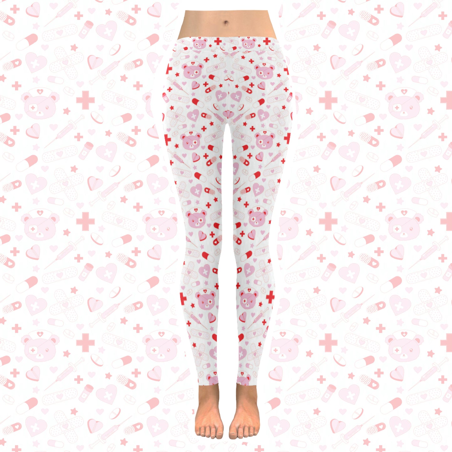 Menhera Kawaii Leggings with Cute Bear Design displayed on a pink print background