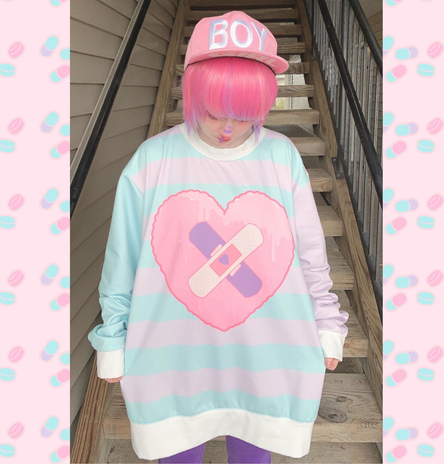 Young girl wearing a pastel kawaii sweatshirt with a cute and creepy print