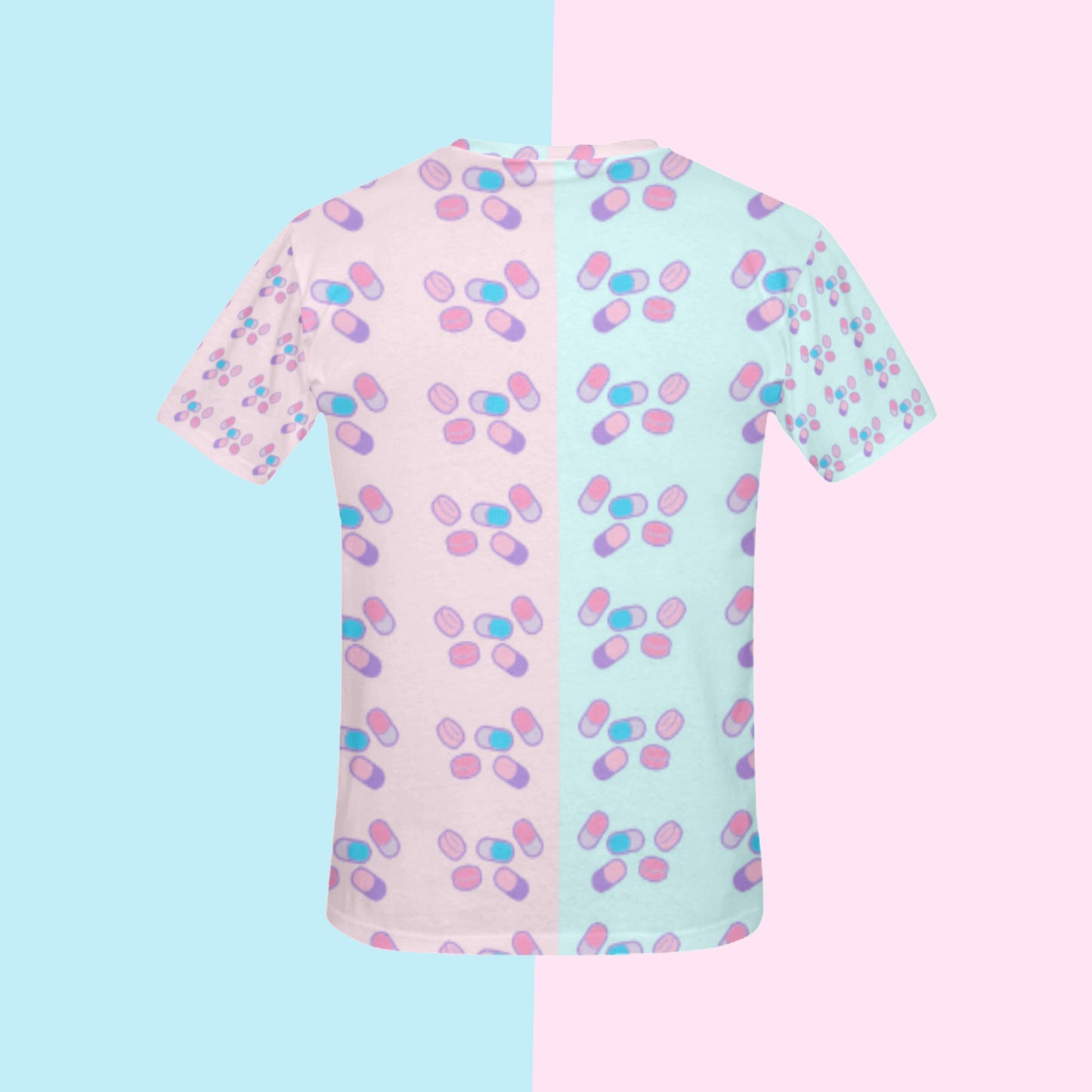 Menhera kei Harajuku Clothes pills t-shirt displayed on pastel background.